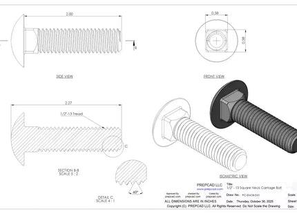 1/2"-13 Carriage Bolt – Download 3D CAD Model (STEP, IGES, STL, DWG, DXF)