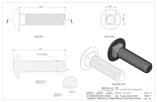 1/2"-13 Carriage Bolt – Download 3D CAD Model (STEP, IGES, STL, DWG, DXF)