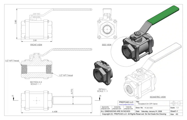 1/2 NPT Female 3-Piece Threaded Ball Valve with Lever Handle – CAD Model