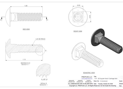 1/4"-20 Carriage Bolt – Download 3D CAD Model (STEP, IGES, STL, DWG, DXF)