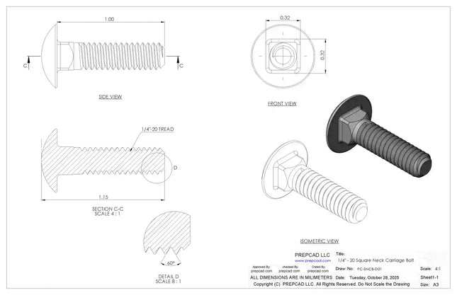 1/4"-20 Carriage Bolt – Download 3D CAD Model (STEP, IGES, STL, DWG, DXF)