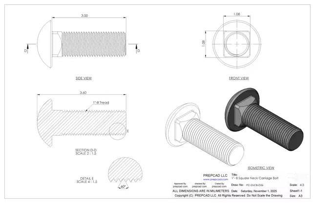 1"-8 Carriage Bolt – Download 3D CAD Model (STEP, IGES, STL, DWG, DXF)