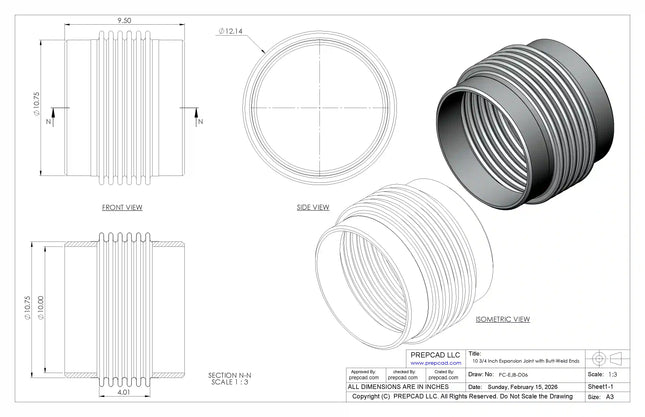 Expansion Joint with Butt-Weld Ends CAD Model | For 10 3/4″ Pipe OD Industrial Piping