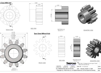 20 DP Spur Gear – 12 Teeth – 20° Pressure Angle | Free CAD Model & Custom Gear Design