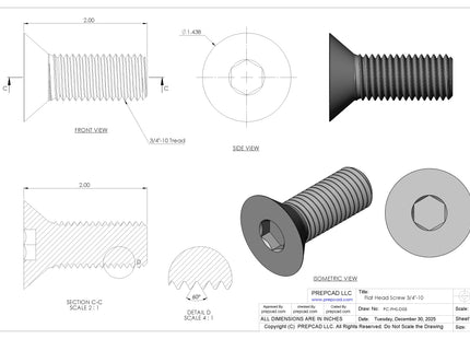 3/4"-10 Flat Head Screw 3D CAD Model | STEP, IGES, STL, OBJ , FBX, DWG, DXF