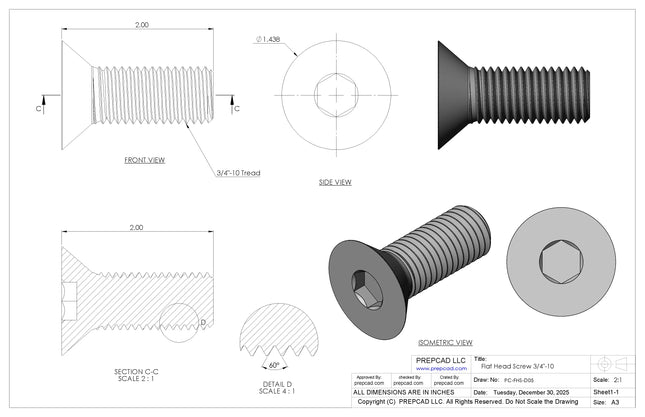 3/4"-10 Flat Head Screw 3D CAD Model | STEP, IGES, STL, OBJ , FBX, DWG, DXF