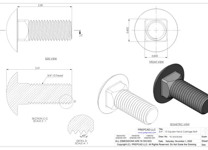 3/4"-10 Carriage Bolt – Download 3D CAD Model (STEP, IGES, STL, DWG, DXF)