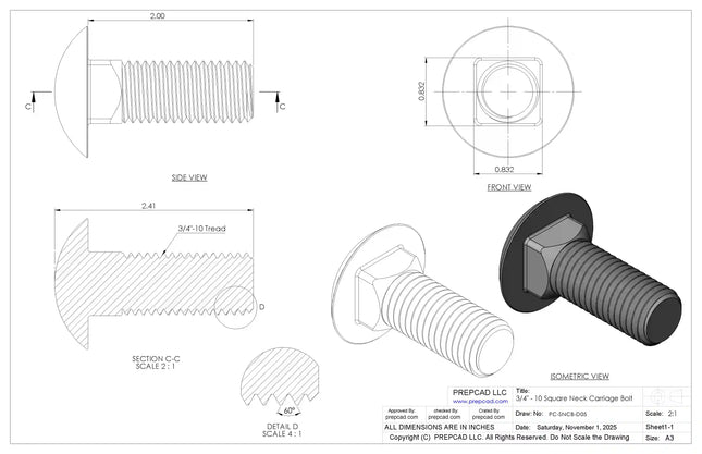 3/4"-10 Carriage Bolt – Download 3D CAD Model (STEP, IGES, STL, DWG, DXF)
