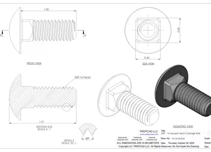 3/8"-16 Carriage Bolt – Download 3D CAD Model (STEP, IGES, STL, DWG, DXF)