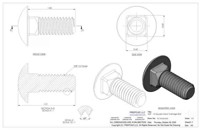 3/8"-16 Carriage Bolt – Download 3D CAD Model (STEP, IGES, STL, DWG, DXF)