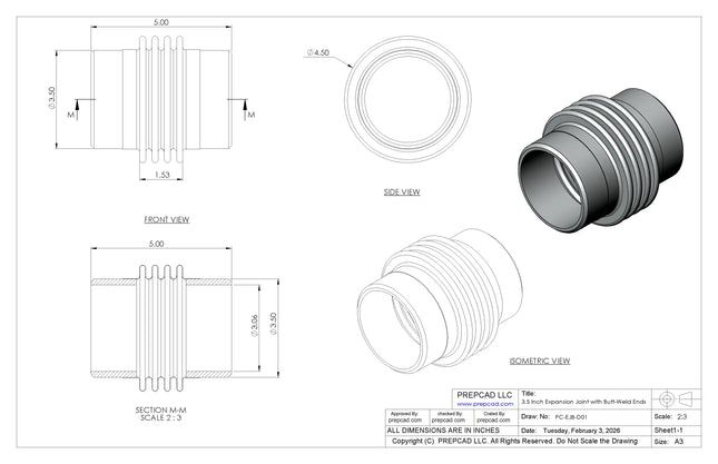 Expansion Joint with Butt-Weld Ends CAD Model | For 3-1/2″ Pipe OD Industrial Piping
