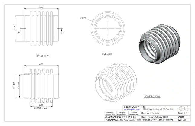 Expansion Joint with Butt-Weld Ends CAD Model | For 4 1/2″ Pipe OD Industrial Piping