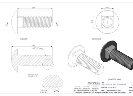 5/8"-11 Carriage Bolt – Download 3D CAD Model (STEP, IGES, STL, DWG, DXF)