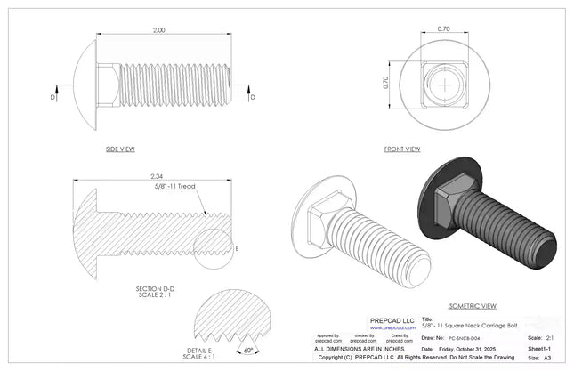 5/8"-11 Carriage Bolt – Download 3D CAD Model (STEP, IGES, STL, DWG, DXF)