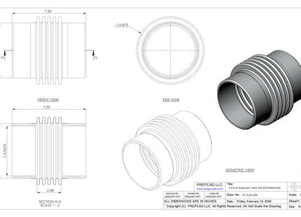 Expansion Joint with Butt-Weld Ends CAD Model | For 5 9/16″ Pipe OD Industrial Piping