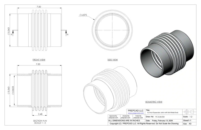 Expansion Joint with Butt-Weld Ends CAD Model | For 5 9/16″ Pipe OD Industrial Piping