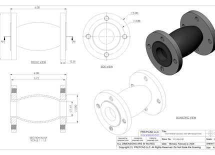 Expansion Joint with Flanged Ends CAD Model | Neoprene Rubber, 5″ Flange OD, Threaded Bolt Holes