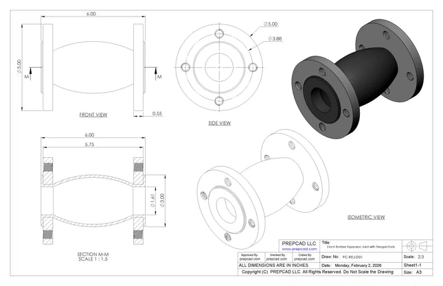 Expansion Joint with Flanged Ends CAD Model | Neoprene Rubber, 5″ Flange OD, Threaded Bolt Holes