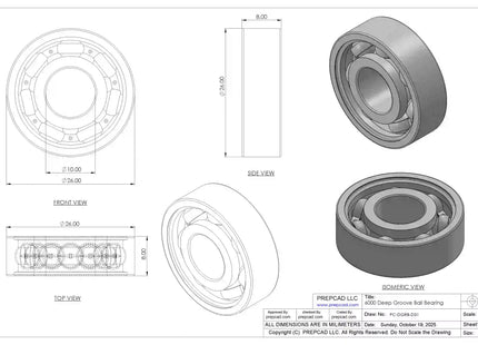 6000 Deep Groove Ball Bearing CAD Model – STEP, STL, IGES, DWG Download | 10x26x8 mm
