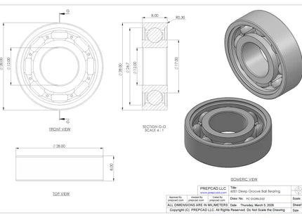 6001 Deep Groove Ball Bearing CAD Model – STEP, STL, IGES, DWG Download | 12x28x8 mm