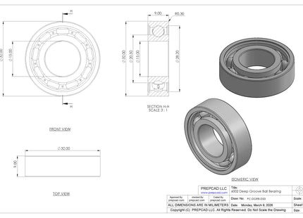 6002 Deep Groove Ball Bearing CAD Model – STEP, STL, IGES, DWG Download | 15x32x9 mm