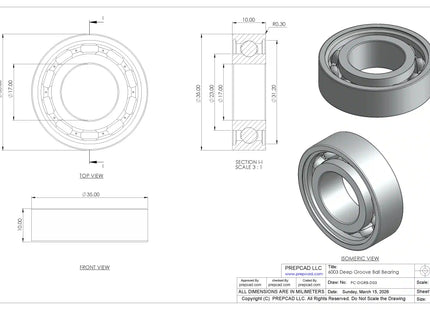 6003 Deep Groove Ball Bearing CAD Model – STEP, STL, IGES, DWG Download | 17x35x10 mm