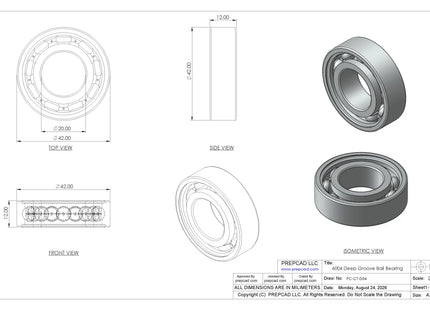 6004 Deep Groove Ball Bearing CAD Model – STEP, STL, IGES, DWG Download | 20x42x12 mm
