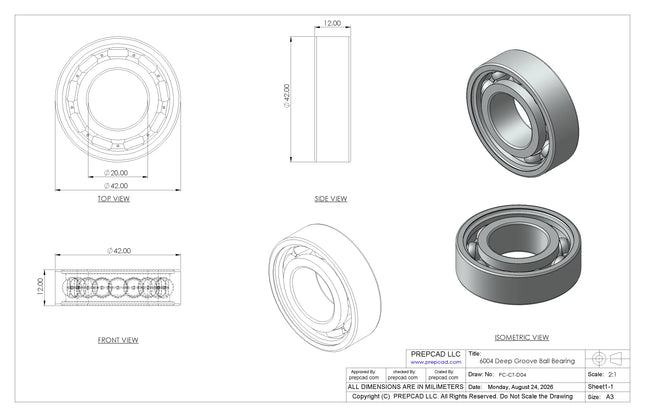 6004 Deep Groove Ball Bearing CAD Model – STEP, STL, IGES, DWG Download | 20x42x12 mm