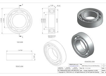 6005 Deep Groove Ball Bearing CAD Model – STEP, STL, IGES, DWG Download | 25x47x12 mm