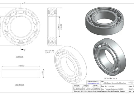 6006 Deep Groove Ball Bearing CAD Model – STEP, STL, IGES, DWG Download | 30x55x13 mm