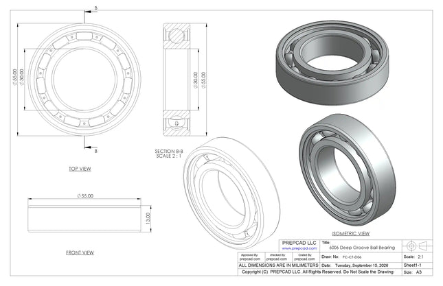 6006 Deep Groove Ball Bearing CAD Model – STEP, STL, IGES, DWG Download | 30x55x13 mm