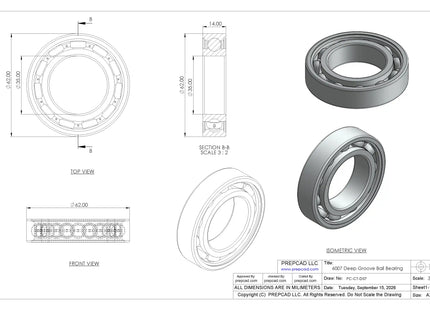 6007 Deep Groove Ball Bearing CAD Model – STEP, STL, IGES, DWG Download | 35x62x14 mm