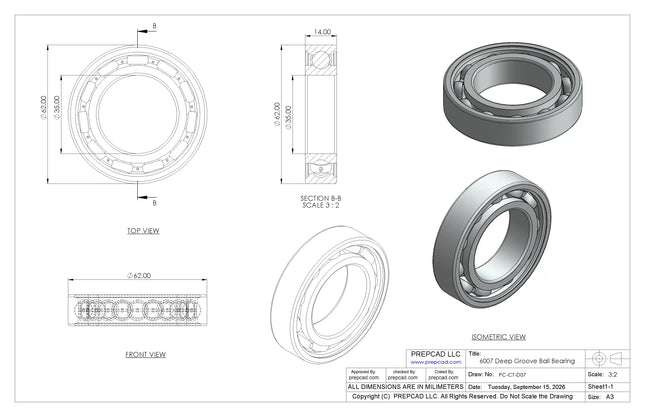 6007 Deep Groove Ball Bearing CAD Model – STEP, STL, IGES, DWG Download | 35x62x14 mm