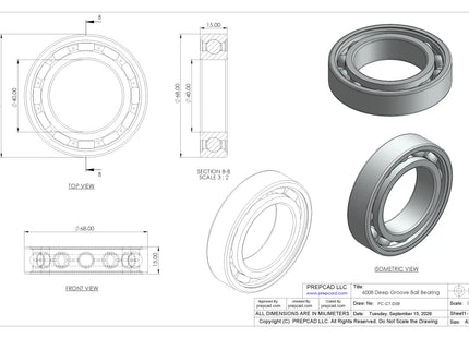 6008 Deep Groove Ball Bearing CAD Model – STEP, STL, IGES, DWG Download | 40x68x15 mm