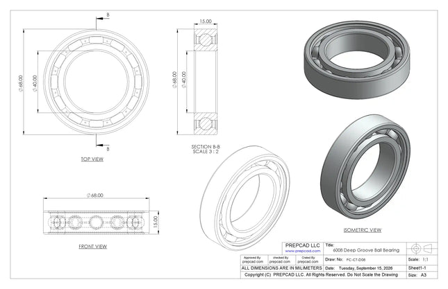6008 Deep Groove Ball Bearing CAD Model – STEP, STL, IGES, DWG Download | 40x68x15 mm