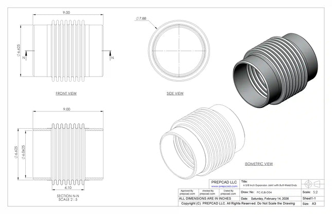 Expansion Joint with Butt-Weld Ends CAD Model | For 6 5/8″ Pipe OD Industrial Piping