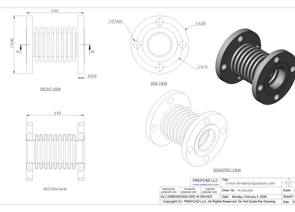 6 Inch All-Metal Expansion Joint CAD Model | Industrial Piping Flexible Connector