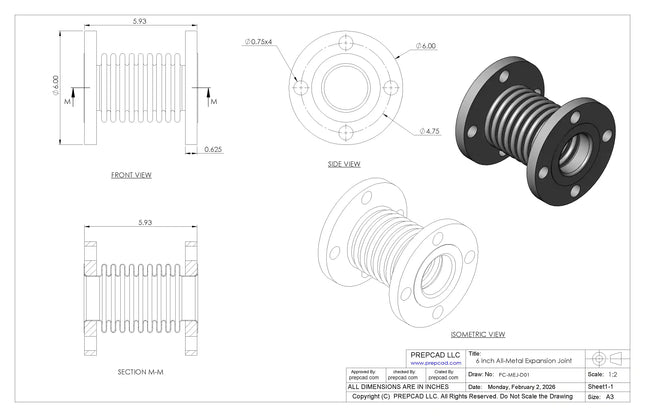 6 Inch All-Metal Expansion Joint CAD Model | Industrial Piping Flexible Connector