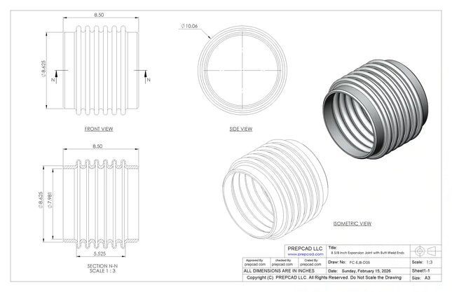 Expansion Joint with Butt-Weld Ends CAD Model | For 8 5/8″ Pipe OD Industrial Piping