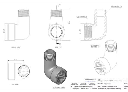 1/2" NPT Female‑to-Male 90° Elbow Adapter – 3D CAD Model (STEP, STL, IGES, DWG, DXF)