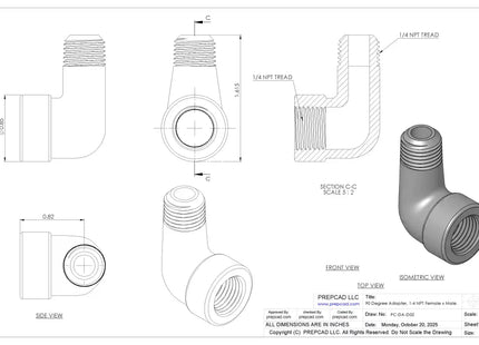 1/4" NPT Female‑to-Male 90° Elbow Adapter – 3D CAD Model (STEP, STL, IGES, DWG, DXF)