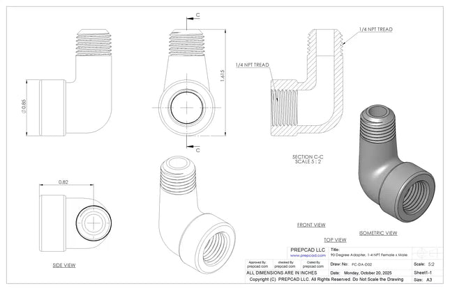 1/4" NPT Female‑to-Male 90° Elbow Adapter – 3D CAD Model (STEP, STL, IGES, DWG, DXF)