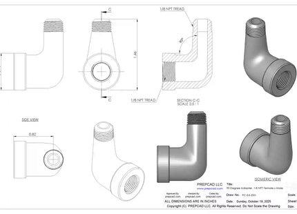 1/8" NPT Female‑to-Male 90° Elbow Adapter – 3D CAD Model (STEP, STL, IGES, DWG, DXF)