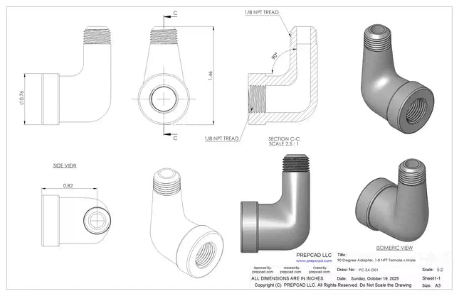 1/8" NPT Female‑to-Male 90° Elbow Adapter – 3D CAD Model (STEP, STL, IGES, DWG, DXF)