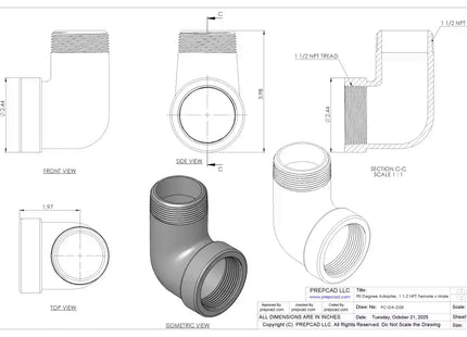 1 1/2" NPT Female‑to-Male 90° Elbow Adapter – 3D CAD Model (STEP, STL, IGES, DWG, DXF)