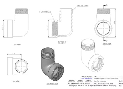 1 1/4" NPT Female‑to-Male 90° Elbow Adapter – 3D CAD Model (STEP, STL, IGES, DWG, DXF)
