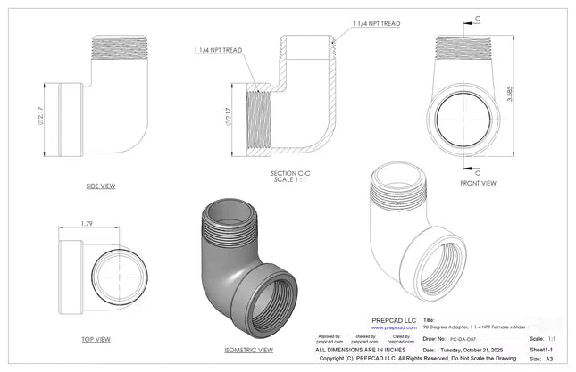1 1/4" NPT Female‑to-Male 90° Elbow Adapter – 3D CAD Model (STEP, STL, IGES, DWG, DXF)