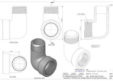 1" NPT Female‑to-Male 90° Elbow Adapter – 3D CAD Model (STEP, STL, IGES, DWG, DXF)