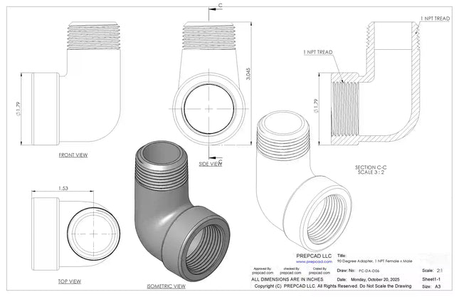 1" NPT Female‑to-Male 90° Elbow Adapter – 3D CAD Model (STEP, STL, IGES, DWG, DXF)