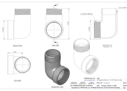 2 1/2" NPT Female‑to-Male 90° Elbow Adapter – 3D CAD Model (STEP, STL, IGES, DWG, DXF)